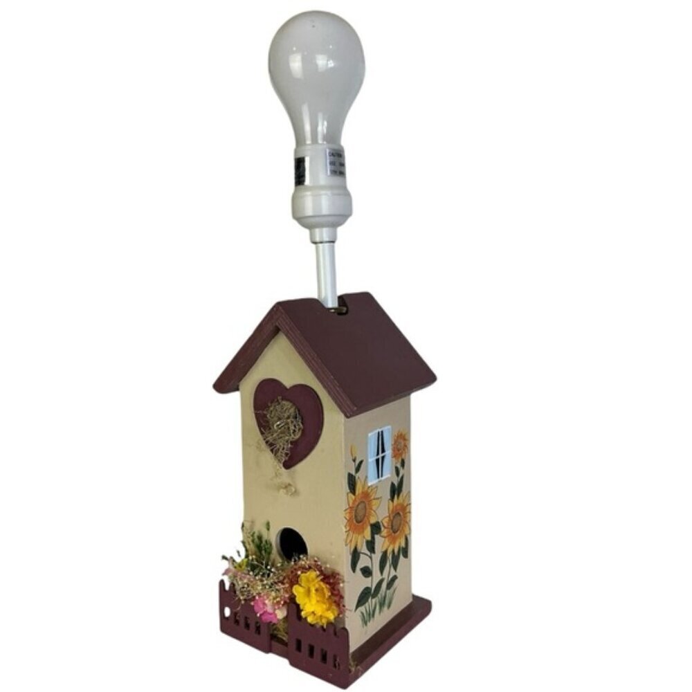 Birdhouse Table Lamp Sunflower Rustic Wood Hand Crafted Tan Country Barn Red - Picture 9 of 15